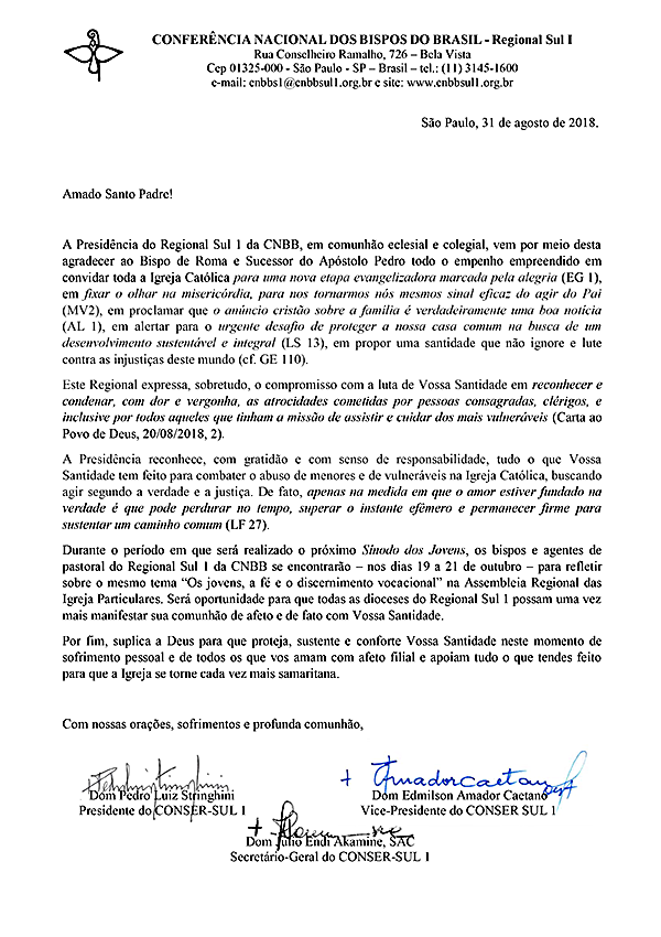 Carta ao Papa Francisco em solidariedade aos ataques